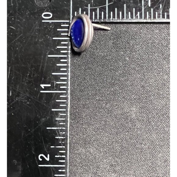 Vintage Modernist Sterling Silver Blue Cat's Eye Stud Earrings Oval Cabochon - Picture 10 of 10